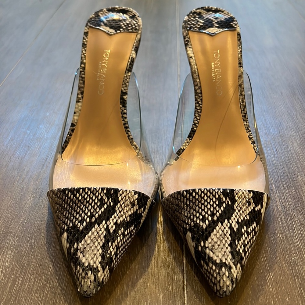 TONY BIANCO EVON SNAKESKIN MULES. Size 6.5. BRAND NEW!
